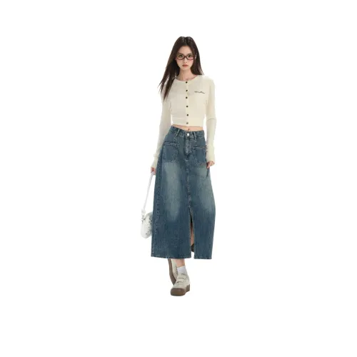 ZXBY Ностальгический синий Женские джинсовые длинные юбки