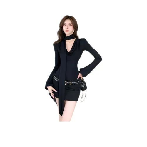 TONYBEAR Черный с ременем женские короткие с рукавами платья