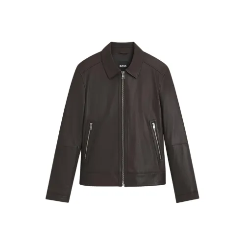 Hugo Boss Темно-коричневые мужские кожаные куртки