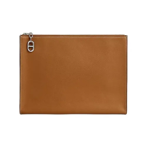 HERMES Zipengo Evercolor Телячья кожа Клатч Men's Natural 37 Золотисто-коричневый