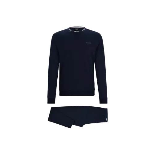 Hugo Boss Interlock Хлопок Пижамы с логотипом Кромка пояса Детали Толстовка Комплект Мужской Морской синий