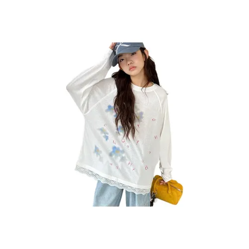 La Cergo Цветочный Буква Граффити Кружево Оздобы Длинный Рукав Т-Рубашка Детская