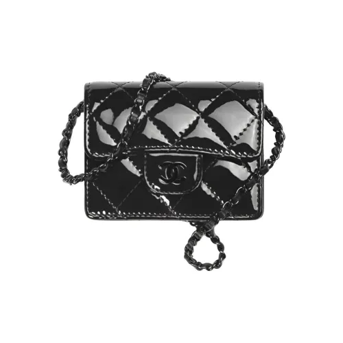 CHANEL Classic Flap CF Голень Лакированная Кожа Сумка через плечо Монетница Держатель для карт Женский Черный