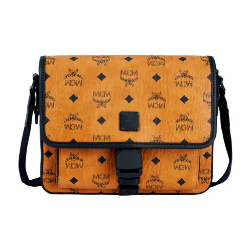 MCM Klassik Visetos Коровья кожа Курьерская сумка Сумка через плечо Маленький Мужской Коричневый коньячный