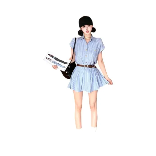 TONYBEAR Синий с ремнем женские короткие с рукавами платья