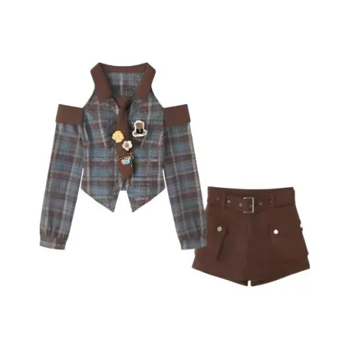 MO VOICE Клетчатый Топ+Юбка Женские Комплекты с Юбкой