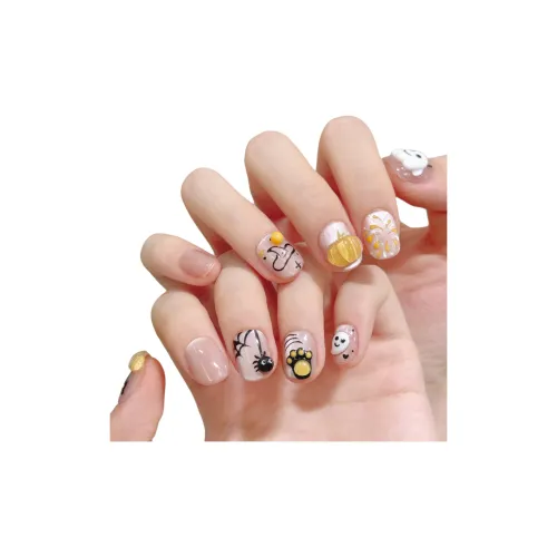 KDOW Хэллоуин Призрак Little Черный кот Тыква Пауки 3D-эффект Press On Атмосферный Ногтей Стикер Короткий Круглый