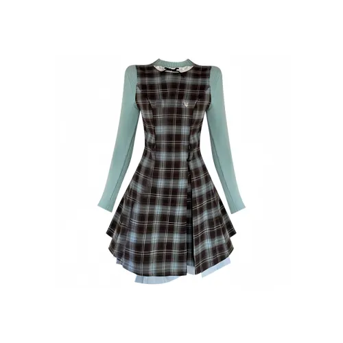 GORGEOUSIDEA Светло-синий базовый слой + сине-коричневая клетка сарафан женский комплект с юбкой