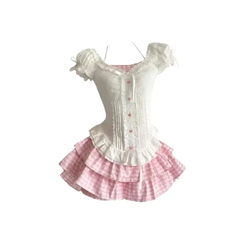 MO VOICE Белый топ + Розовая юбка Высококачественные женские комплекты с юбкой