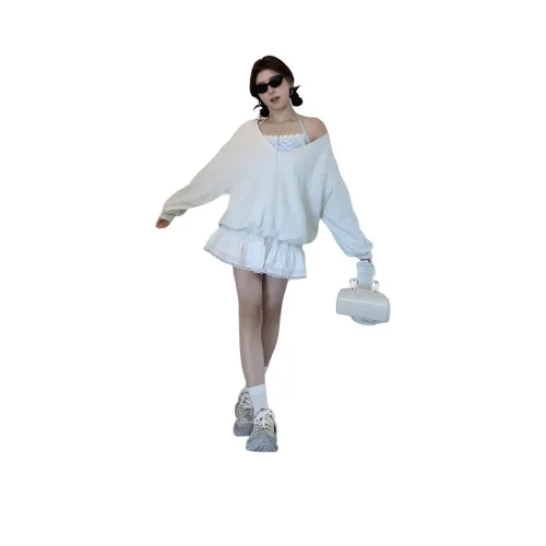 REMOULD Синий Клетчатый Топ на бретелях + Светло-Фотиния Серый Свитшот + Белая Юбка Женские Юбочные Комплекты