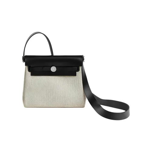 HERMES Herbag Zip Воловья кожа Пэчворк Холст Плечевая сумка Женская Бежевый Миндаль Черный