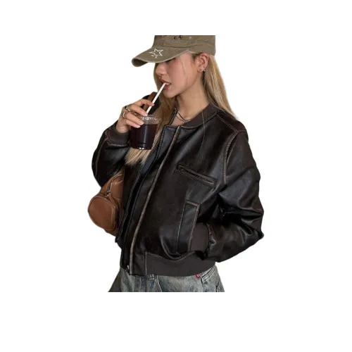 HKPXR Коричневый Женские Кожаные Куртки