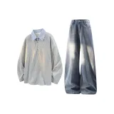 Светло-серый свитшот + синие штаны