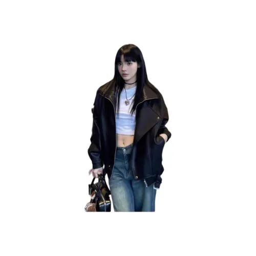 HKPXR Черный Женские Кожаные Куртки