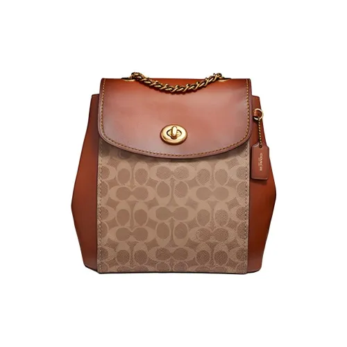 COACH Паркер Покрытый холст с кожаными вставками Дорожная сумка Повседневная сумка Рюкзак Маленький Женский Коричневый с монограммой