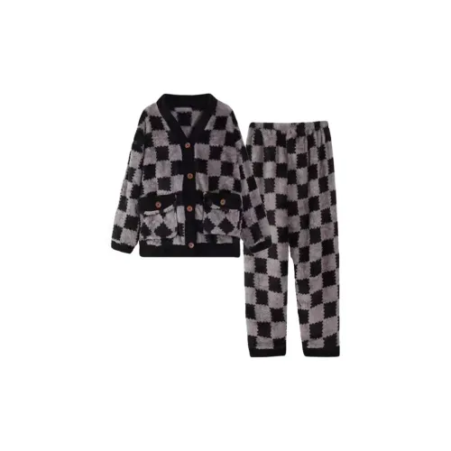 MEIJIAO Черный Серый Клетка [Комплекты Одежды] Женские Пижамные Наборы