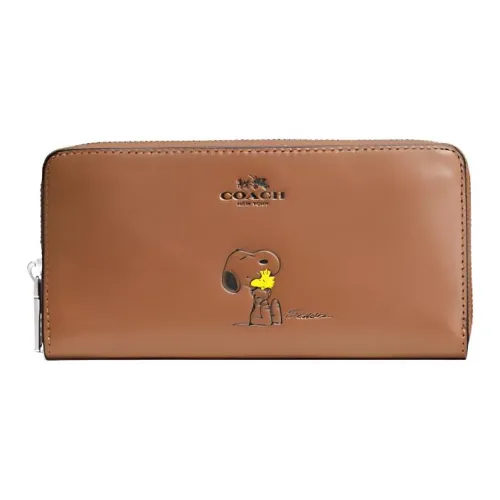 COACH PEANUTS Collaboration Accordion Zip Телячья кожа Кошелек Женские Коричневый