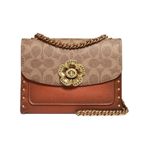 COACH Паркер Покрытый холст с телячьей кожей Сумка через плечо Маленькая Женская Хаки и Коричневый Монограмма