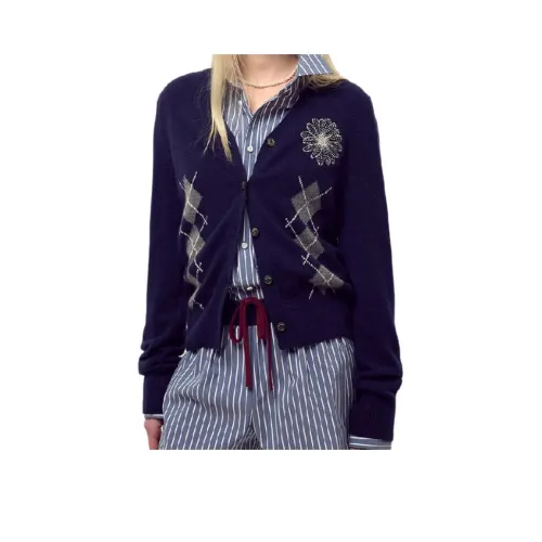 MARDI MERCREDI FW25 Кашемир Смешанный Кардиган V-Шея Argyle_Темно-синий Кремовый Свитер Женские