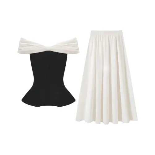 TIBINB Черный топ + Белая юбка Женские комплекты с юбкой