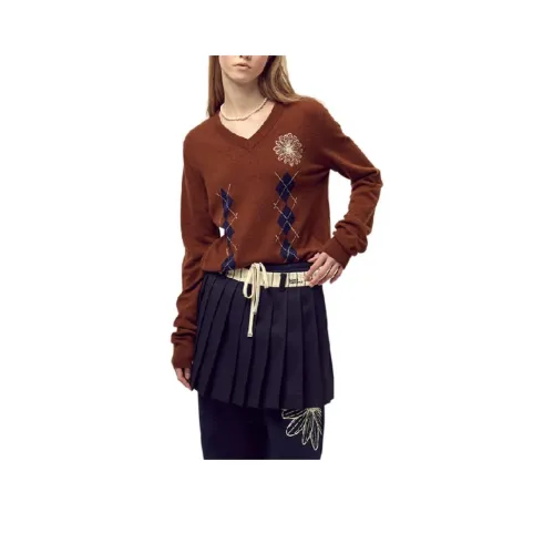 MARDI MERCREDI FW25 Кашемир Смешанный V-Шея Argyle_Каштановый Сливочный Свитер Женские
