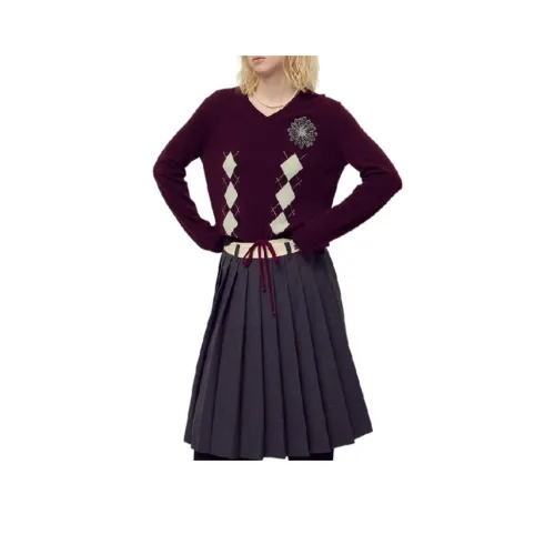 MARDI MERCREDI FW25 Кашемир Смешанный V-Шея Argyle_Бургундский Мятный Свитер Женские