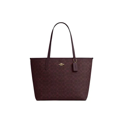 COACH Городская Сумка Tote с Покрытым Холстом Сумка для покупок Сумка через плечо Большая Женская Черная Смородина