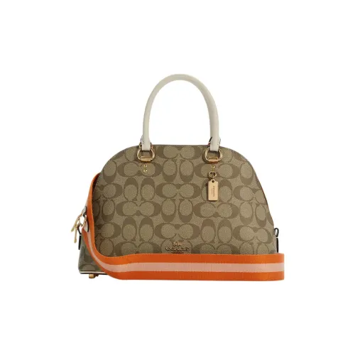 COACH Katy Холст и Кожа Одно Плечо Через Плечо Купольная Сумка Большая Женская Хаки и Оранжевая