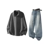 Серый топ + синие штаны