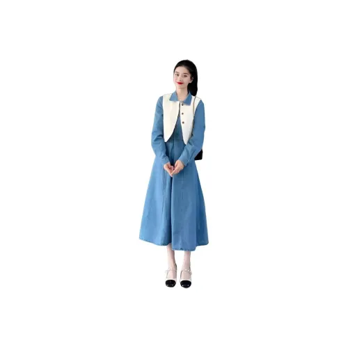 STYUW [Двухкомпонентный комплект] Жилет + Джинсовое платье Женские Комплекты с юбкой