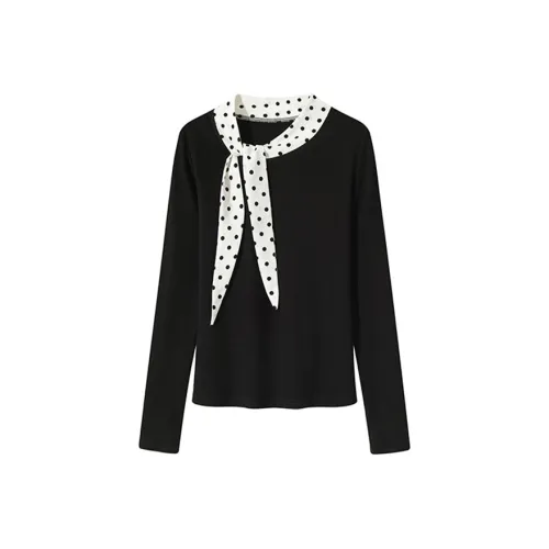 SNZX Черный Цветовой блок Гороховый узор Длинный рукав Т-рубашка Женская Т-рубашка