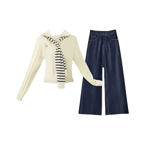 TIBINB Экрю Топ + Темно-синие Брюки Женские Повседневные Костюмы