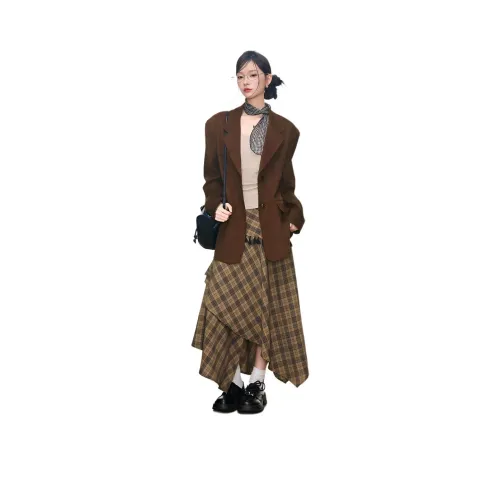 GORGEOUSIDEA Коричневый Куртка + Рубашка + Юбка Женские Комплекты с Юбкой