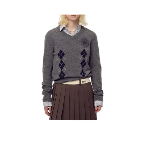 MARDI MERCREDI FW25 Кашемир Смешанный V-образный вырез Argyle_DEEPGREY Темно-синий Синий Свитер Женский
