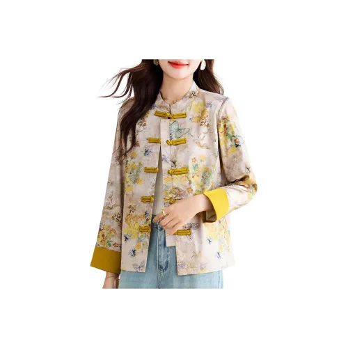 MOUSIDEYOUHUO Новый китайский стиль Жаккард Свободный крой Одинарный ремень Пэчворк Длинный рукав Укороченное пальто