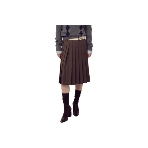 MARDI MERCREDI FW25 Шерсть Плиссированная Midi Юбка Контрастная Кромка Пояса_Коричневый Повседневный Длинный Юбка Женская