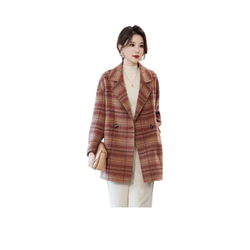 YIMENGYUAN Красный Коричневый Клетчатый Женское Пальто