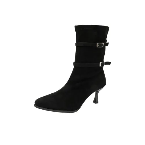 Wuji Заостренный носок замша узкий каблук высокие сапоги женские