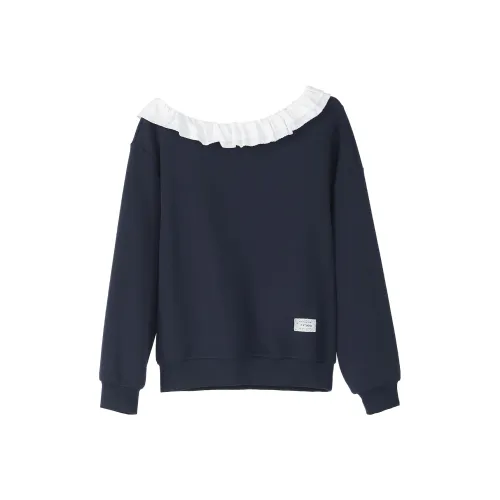 Fstudio Осенний Корейский стиль Сладкий Девушка LOOK Кружево с отделкой Асимметричное плечо Коммутирование Пуловер Свитшот Женские