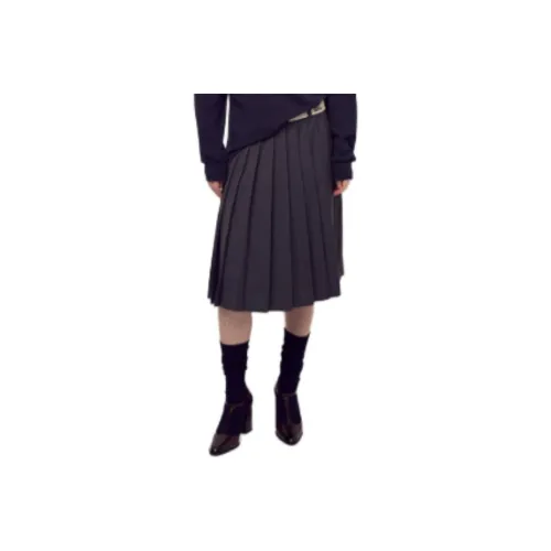 MARDI MERCREDI FW25 Шерсть Плиссированная Юбка Midi Контрастная Кромка Пояса_Уголь Повседневная Длинная Юбка Женская