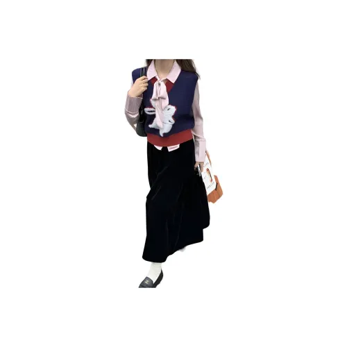 REMOULD Кролик Жилет + Полосатая Рубашка + Юбка из Велюра Женские Комплекты с Юбкой