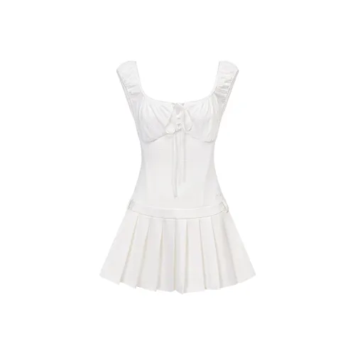 Ariseism Белый Без рукавов Платье с Плиссированный Подол для Женщин Летняя Юбка Женская
