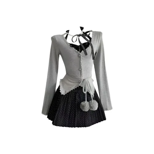 TIBINB Трикотажная ткань Кардиган+Халтер Майка+Гороховый узор Плиссированная юбка Женские Комплекты с юбкой