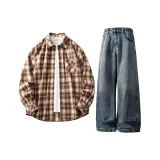 [Универсальный для похудения] Бежевый Кофейный Клетка (B Штрих кисти Логотип на груди) + Синий