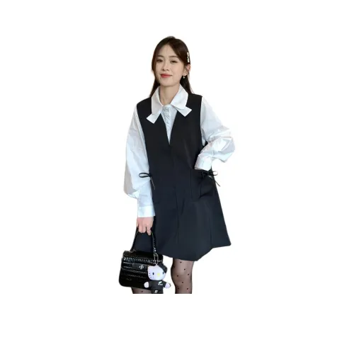 REMOULD Белый Бант Рубашка + Черный Сарафан Женские Комплекты с Юбкой