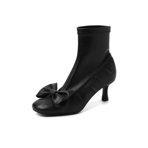 Короткий MR. Левая сторона Вишня Натуральная кожа Французский Элегантность Бант Высокий каблук Эластичный Тонкий Ботинки Для Женских Женские