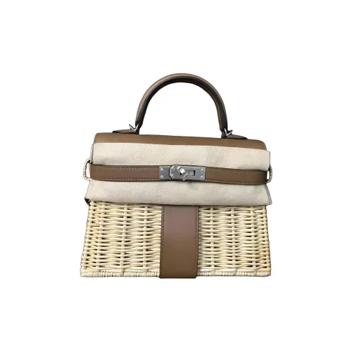 HERMES Mini Kelly 2nd Generation Седло Кожа с Osier Прутья ивы Сумка Kelly Пикник Сумка Мини Женская Бежевая