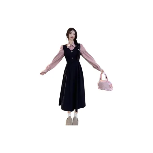 REMOLD Розовая рубашка + черный сарафан женские комплекты с юбкой