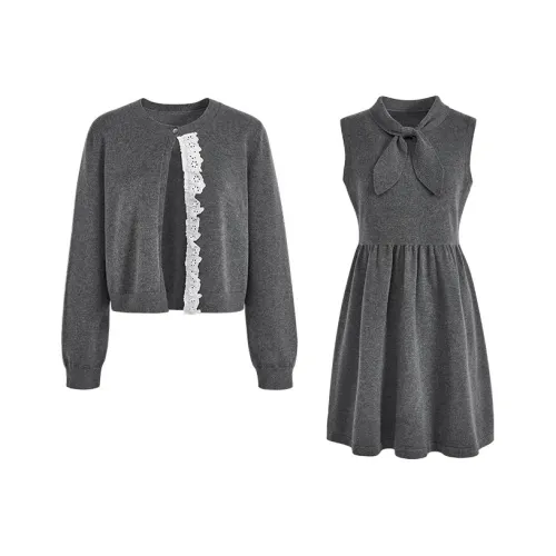 KUOSE Серый Трикотаж 9009+Серый Платье 9004 Женские Комплекты с Юбкой
