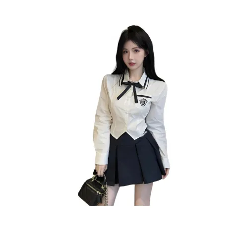 SNZX Одежда Комплект Белая Рубашка + Бесплатно Шарфы + Темно-синяя Короткая Юбка Женская Униформа
